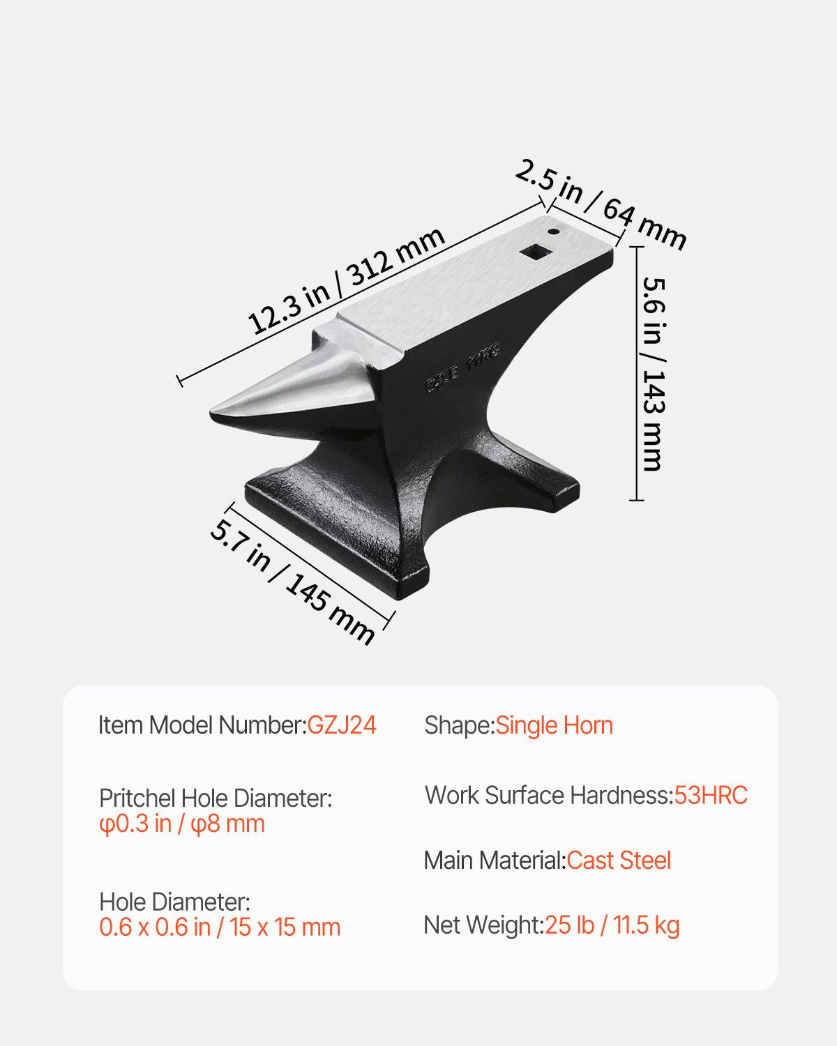 Single Horn Anvil, 25lbs Cast Steel Anvil, High Hardness Rugged Round Horn Anvil for Blacksmiths, with Stable Base, Metal Working Tool for Metal Bending, Shaping, Twisting, Craft Projects