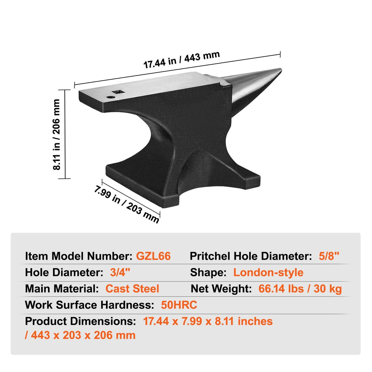 Single Horn Anvil, 66Lbs Cast Steel Anvil, High Hardness Rugged Round Horn Anvil Blacksmith, with Round and Square Hole, Large Countertop and Stable Base, Metalsmith Tool for Bending and Shaping