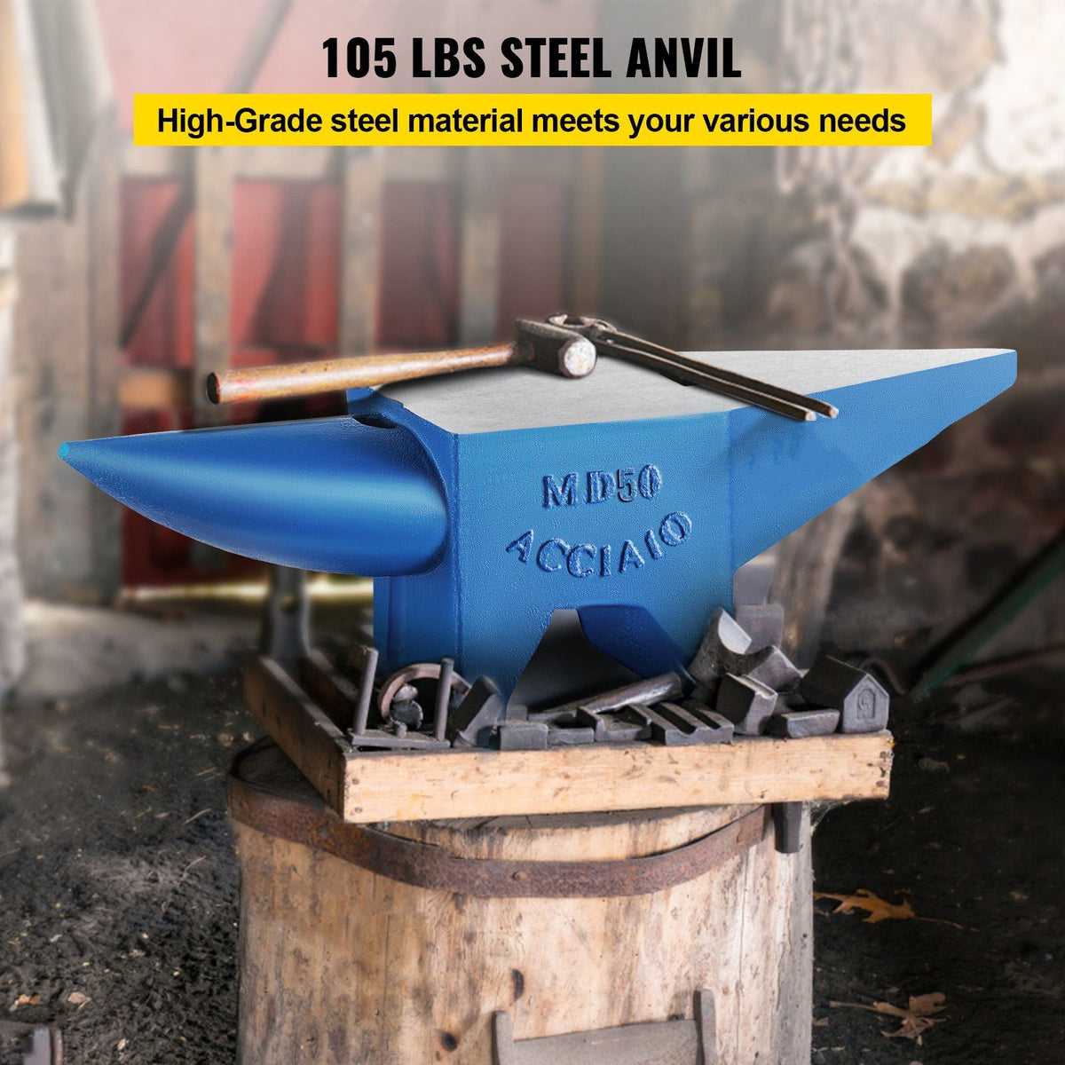 Single Horn Anvil Cast Steel Anvil Blacksmith for Sale Forge Steel Tools with Round and Square Hole and Equipment Anvil Rugged Blacksmith Jewelers Durable and Robust Metal Working Tool 105Lbs