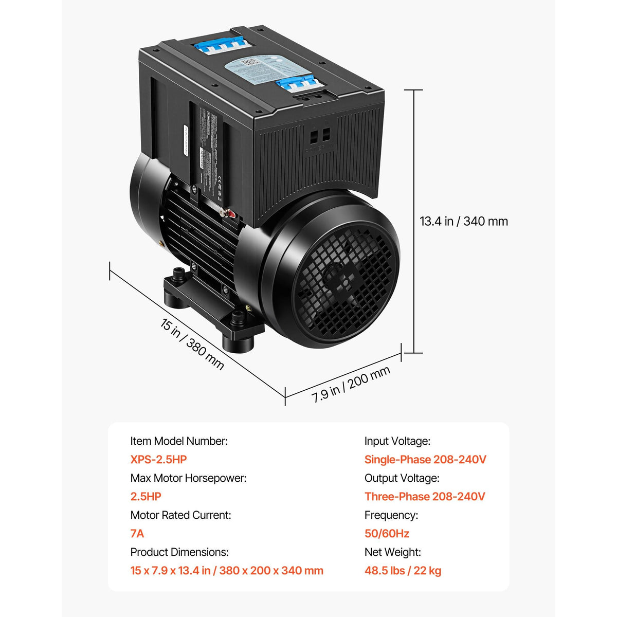 Single Phase to 3-Phase Rotary Converter, 2.5HP 7A 208-240V Input/Output Rotary Phase Converter - Expandable to Higher Horsepower for Heavy-Load Equipment