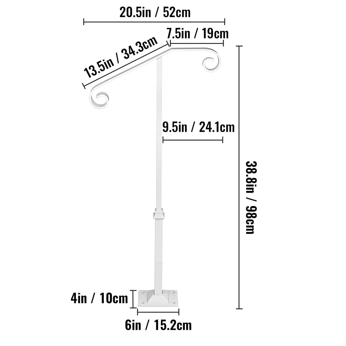 Single Post Handrail White Wrought Iron Post Mount Step Grab Supports Fits 1 or 2 Steps Grab Rail Single Post Railing