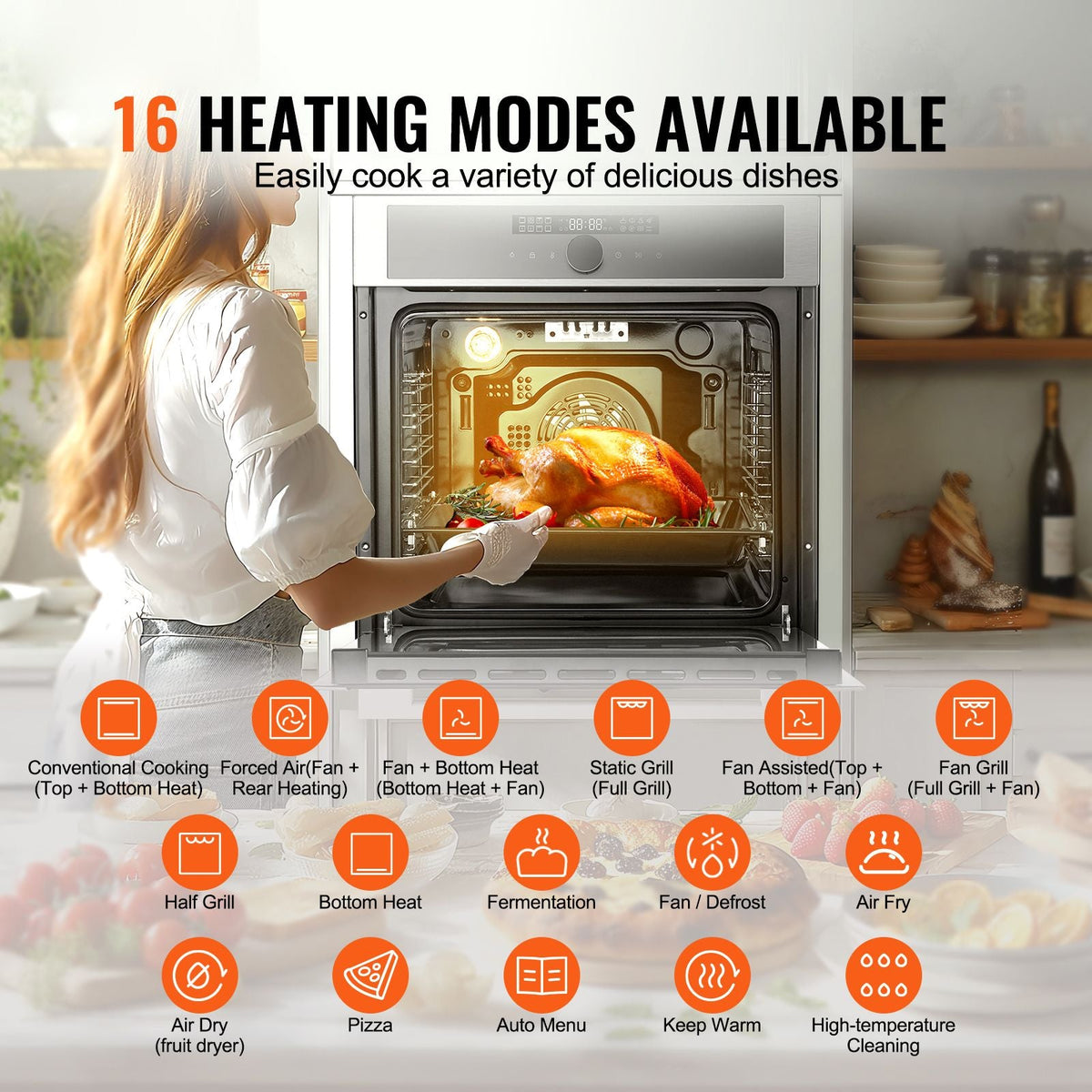 Single Wall Oven, 24" Electric Built-in Wall Oven with 16 Cooking Functions, 2.68 Cu.Ft Electric Wall Ovens with Timer, 3150W Electric Oven with Baking Rack and Tray, for Kitchen