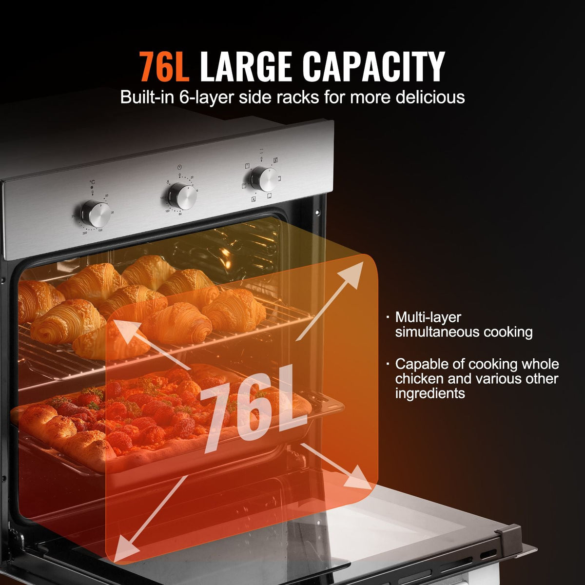 Single Wall Oven, 24" Electric Built-in Wall Oven with 6 Cooking Functions, 2.68 Cu.Ft Electric Wall Ovens with Timer, 2000W Electric Oven with Baking Rack and Tray, for Kitchen