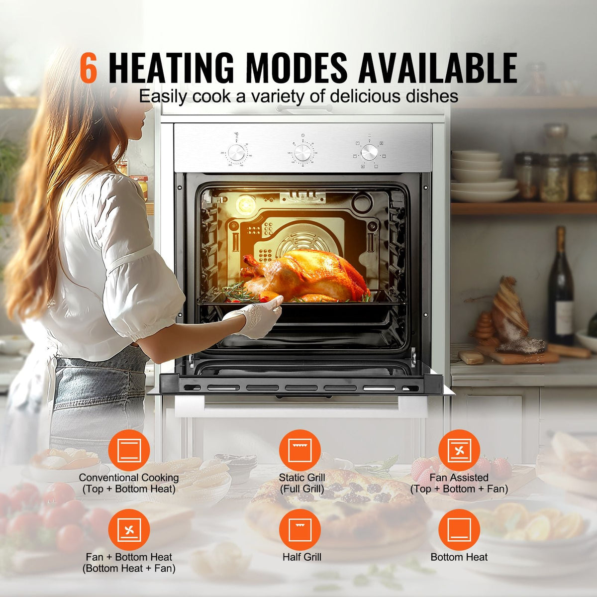Single Wall Oven, 24" Electric Built-in Wall Oven with 6 Cooking Functions, 2.68 Cu.Ft Electric Wall Ovens with Timer, 2000W Electric Oven with Baking Rack and Tray, for Kitchen