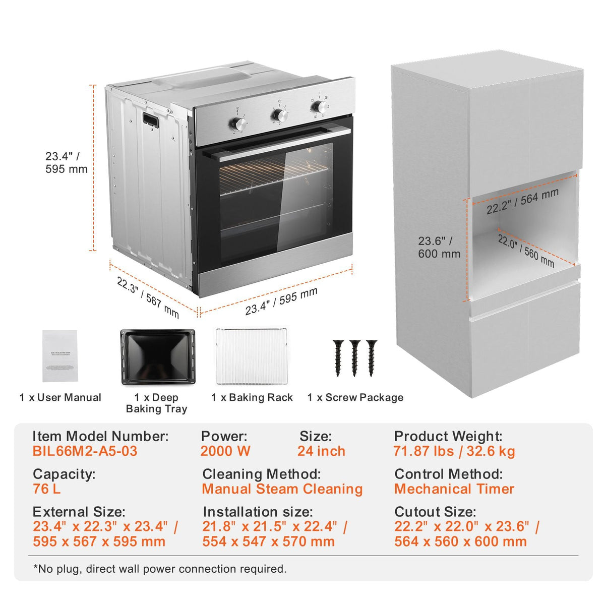 Single Wall Oven, 24" Electric Built-in Wall Oven with 6 Cooking Functions, 2.68 Cu.Ft Electric Wall Ovens with Timer, 2000W Electric Oven with Baking Rack and Tray, for Kitchen