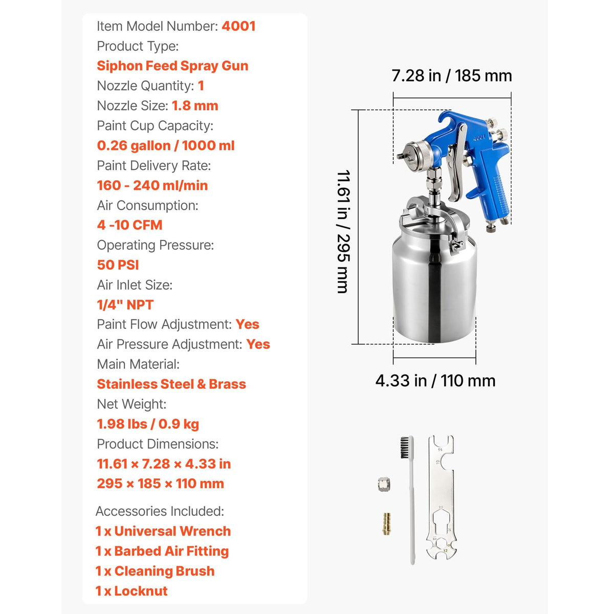 Siphon Feed Spray Gun, High Atomization Air Paint Spray Gun, 1000cc Automotive Paint Sprayer with 1.8 mm Nozzle, Adjustable Flow Rate & Air Volume for Car, Furniture, Wall, House Painting