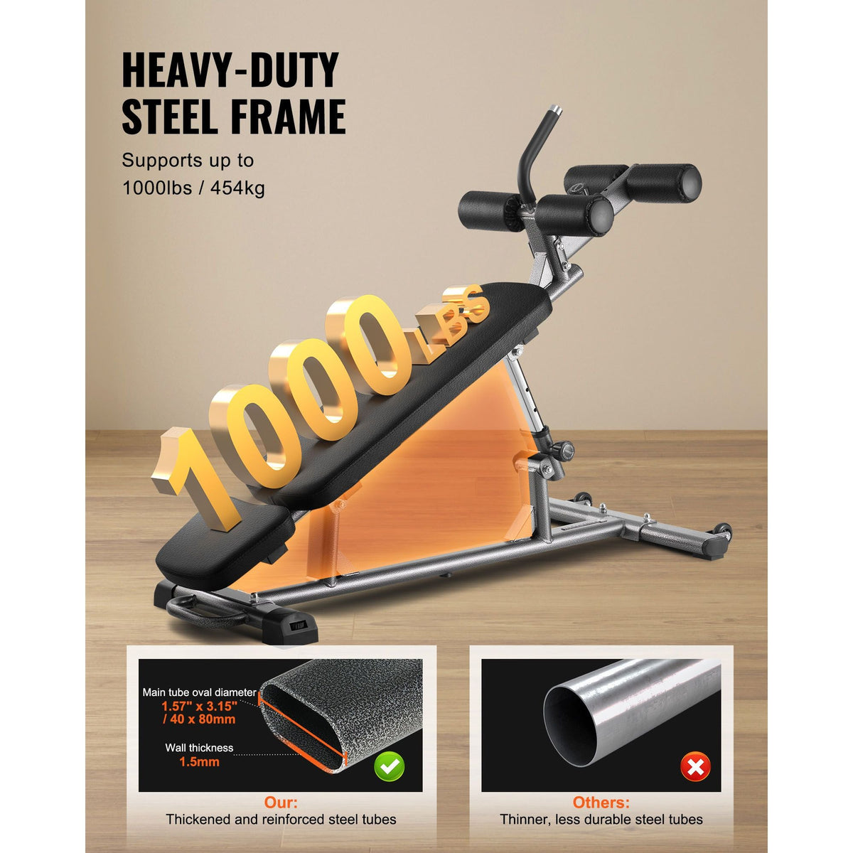 Sit Up Bench, Decline Ab Bench with Reverse Crunch Handle, with 4 Adjustable Height Settings, Heavy Duty Steel, 1000 Lbs Capacity, for Home Gym Workouts, Strength Training, Full Body Muscles