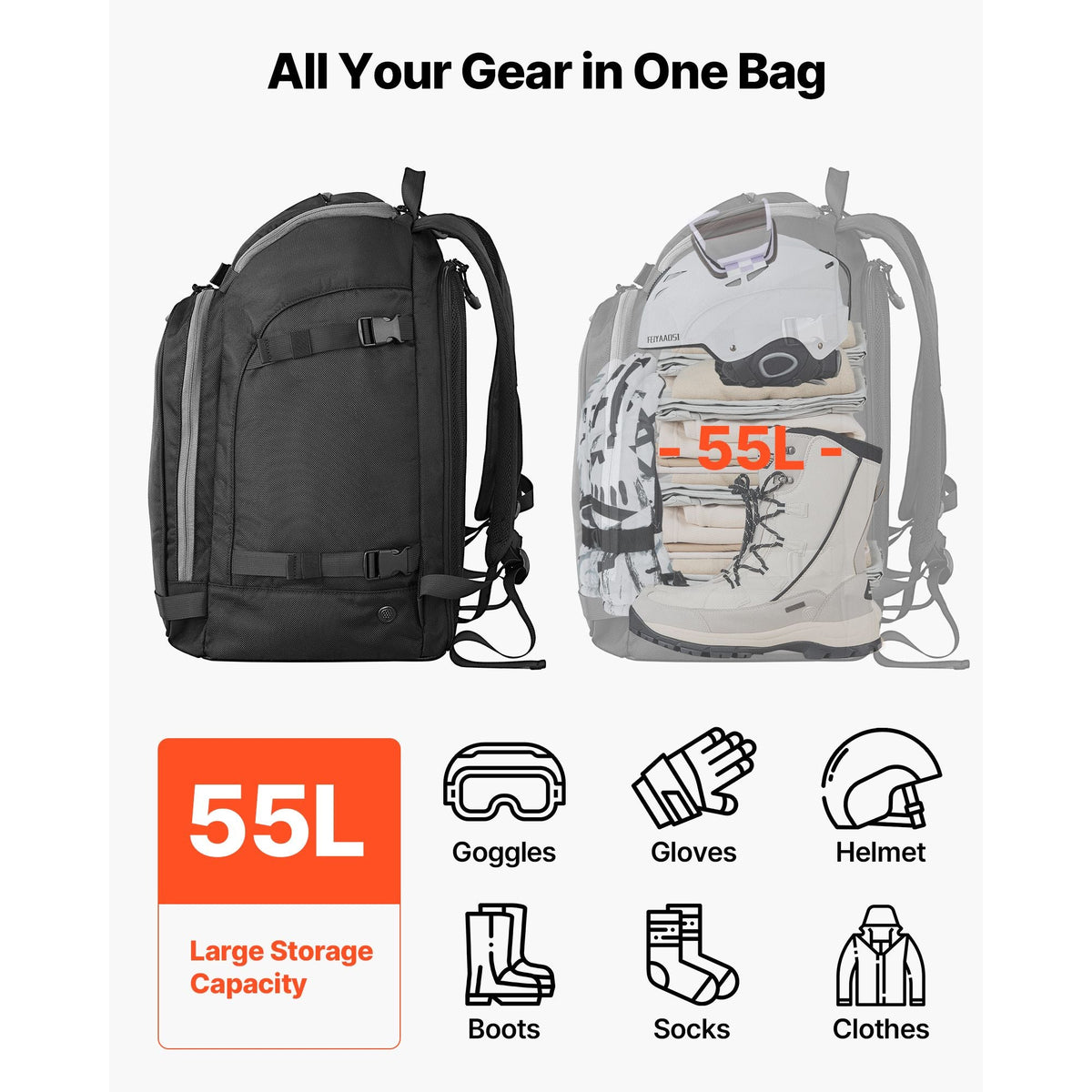 Ski Boot Bag, 55L, Snowboard Boots Travel Backpack for Men Women, with Waterproof Exterior & Bottom, Durable 1680D Oxford, Bag for Skis, Snowboard, Helmet, Goggles, Gloves, Accessories (Black)