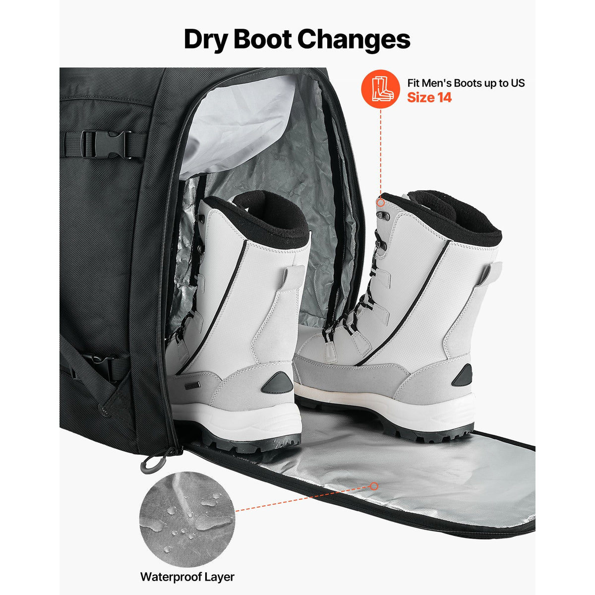 Ski Boot Bag, 55L, Snowboard Boots Travel Backpack for Men Women, with Waterproof Exterior & Bottom, Durable 1680D Oxford, Bag for Skis, Snowboard, Helmet, Goggles, Gloves, Accessories (Black)