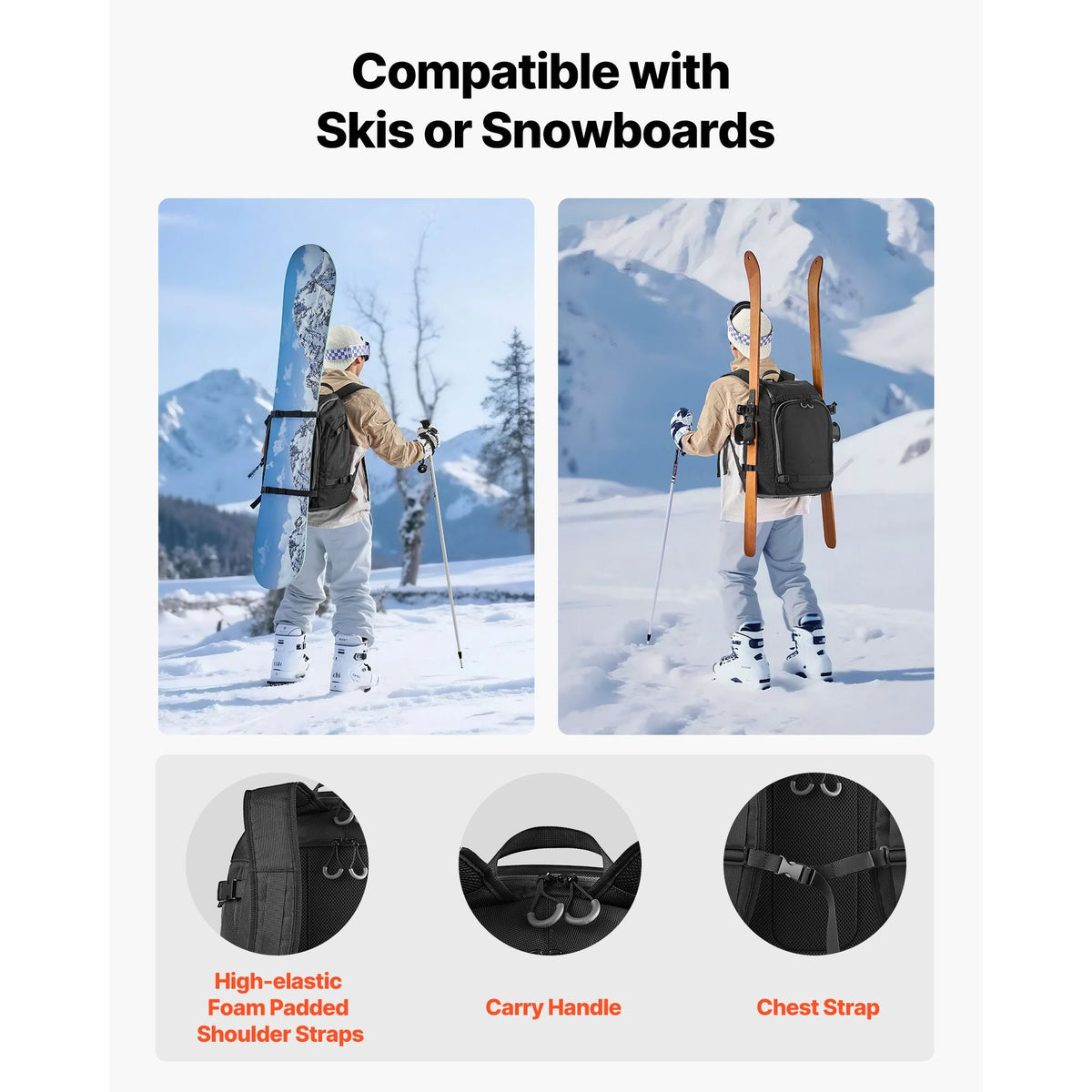 Ski Boot Bag, 55L, Snowboard Boots Travel Backpack for Men Women, with Waterproof Exterior & Bottom, Durable 1680D Oxford, Bag for Skis, Snowboard, Helmet, Goggles, Gloves, Accessories (Black)