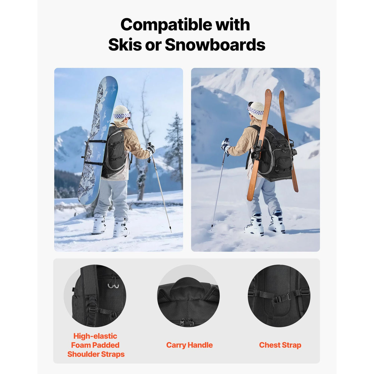 Ski Boot Bag, 70L, Snowboard Boots Travel Backpack for Men Women, with Waterproof Exterior & Bottom, Durable 1680D Oxford, Bag for Skis, Snowboard, Helmet, Goggles, Gloves, Accessories (Black)