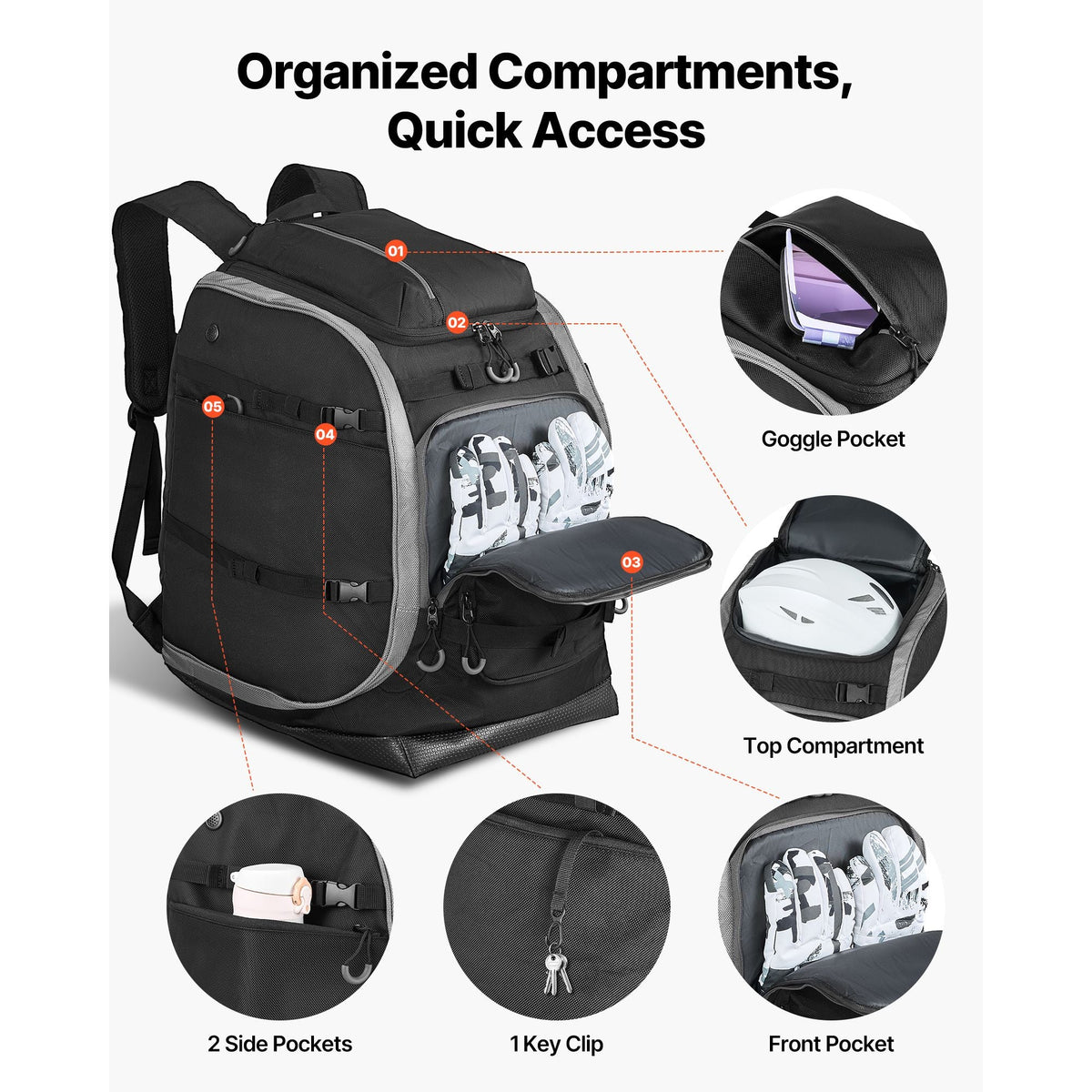 Ski Boot Bag, 70L, Snowboard Boots Travel Backpack for Men Women, with Waterproof Exterior & Bottom, Durable 1680D Oxford, Bag for Skis, Snowboard, Helmet, Goggles, Gloves, Accessories (Black)