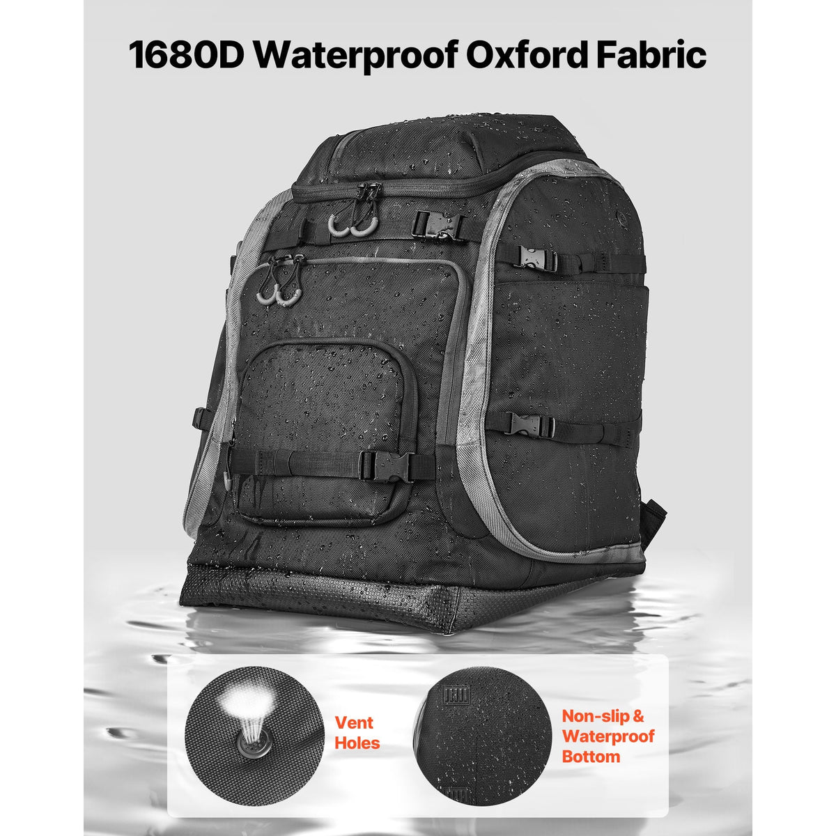 Ski Boot Bag, 70L, Snowboard Boots Travel Backpack for Men Women, with Waterproof Exterior & Bottom, Durable 1680D Oxford, Bag for Skis, Snowboard, Helmet, Goggles, Gloves, Accessories (Black)