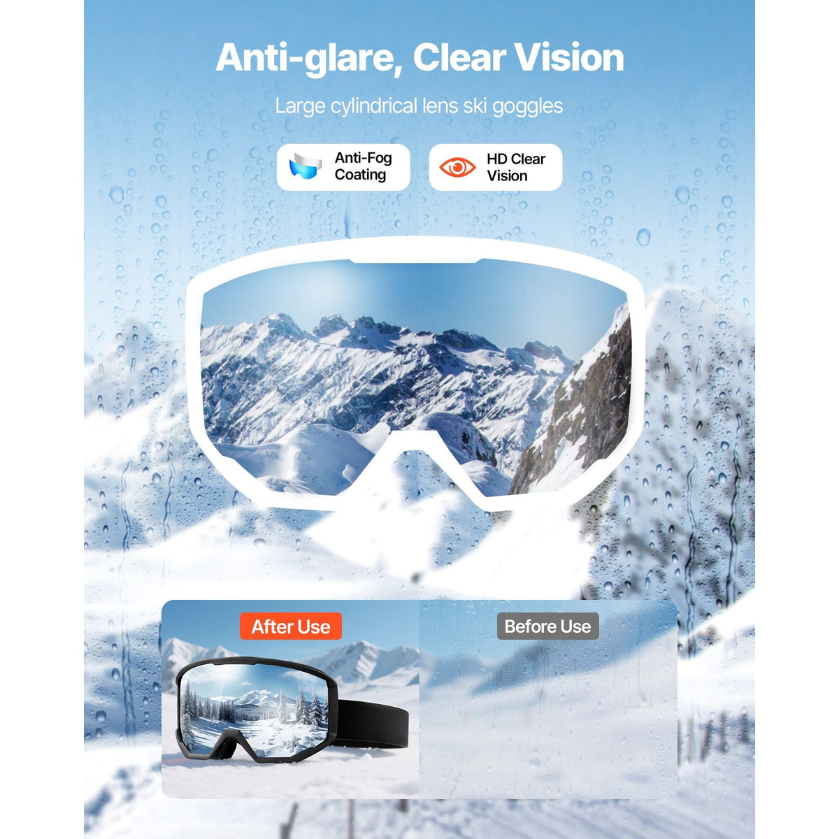 Ski Goggles, Cylindrical Lens with Ice Blue Revo Coating, OTG Anti fog Snow Goggles for Men Women Youth, TPU Frame & Ventilation Structure, Suitable for Skiing, Skating, Snowboarding, Cycling