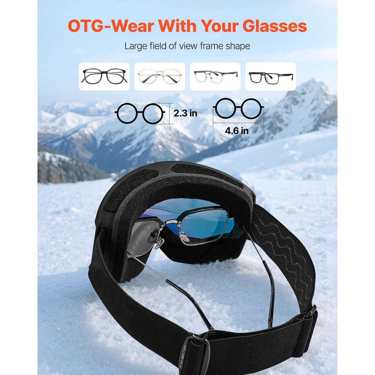 Ski Goggles, Cylindrical Lens with Orange Revo Coating, OTG Anti fog Snow Goggles for Men Women Youth, TPU Frame & Ventilation Structure, Suitable for Skiing, Skating, Snowboarding, Cycling