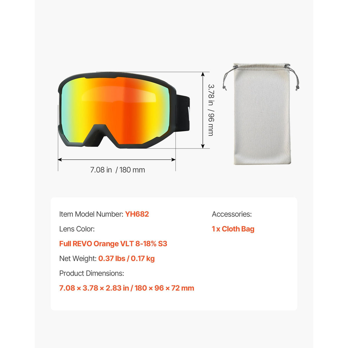 Ski Goggles, Cylindrical Lens with Orange Revo Coating, OTG Anti fog Snow Goggles for Men Women Youth, TPU Frame & Ventilation Structure, Suitable for Skiing, Skating, Snowboarding, Cycling