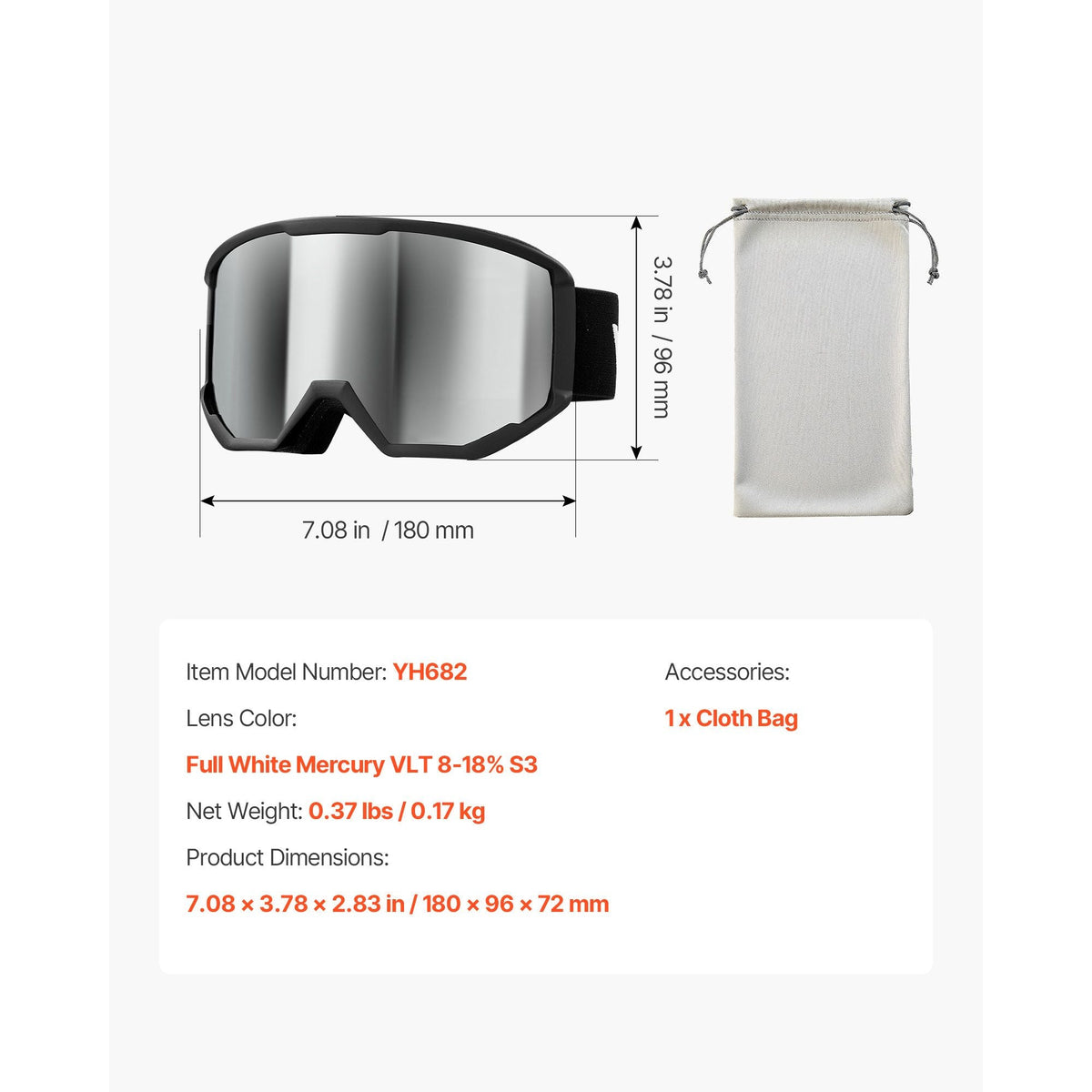 Ski Goggles, Cylindrical Lens with Silver Mirror Revo Coating, OTG Anti fog Snow Goggles for Men Women Youth, TPU Frame & Ventilation Structure, Suitable for Skiing, Skating, Snowboarding