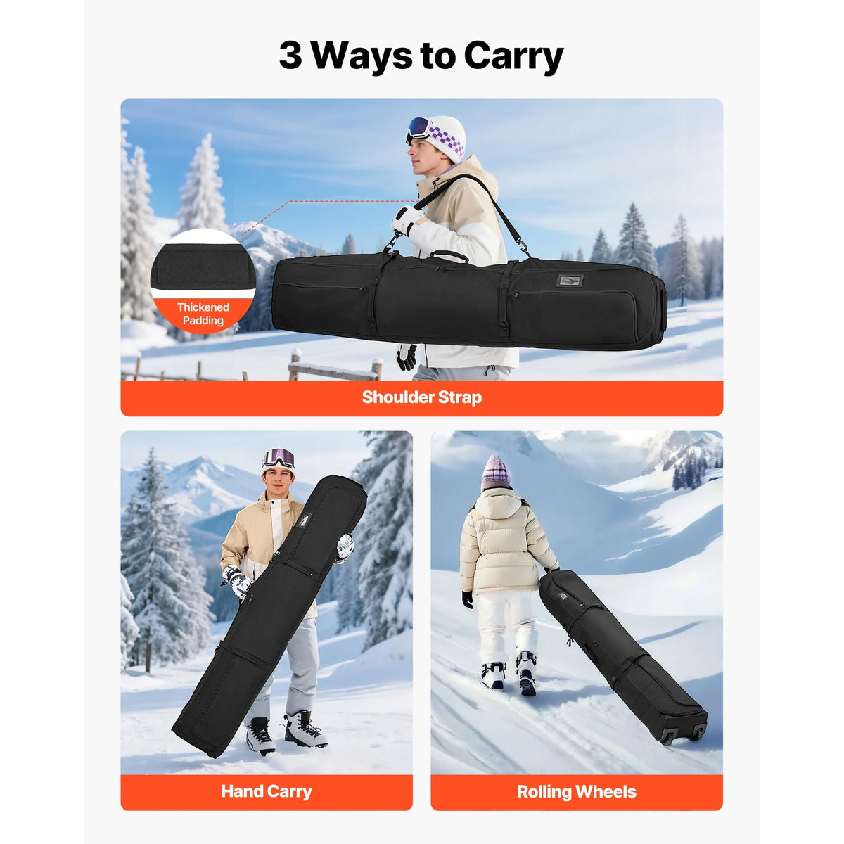 Ski Roller Bag, Up to 68.9 in/175 cm, Padded Snowboard Bag with Wheels for Air Travel, 600D Waterproof Oxford Fabric, with Adjustable Straps, for Skis Poles Goggles Gloves Helmet Boots (Black)