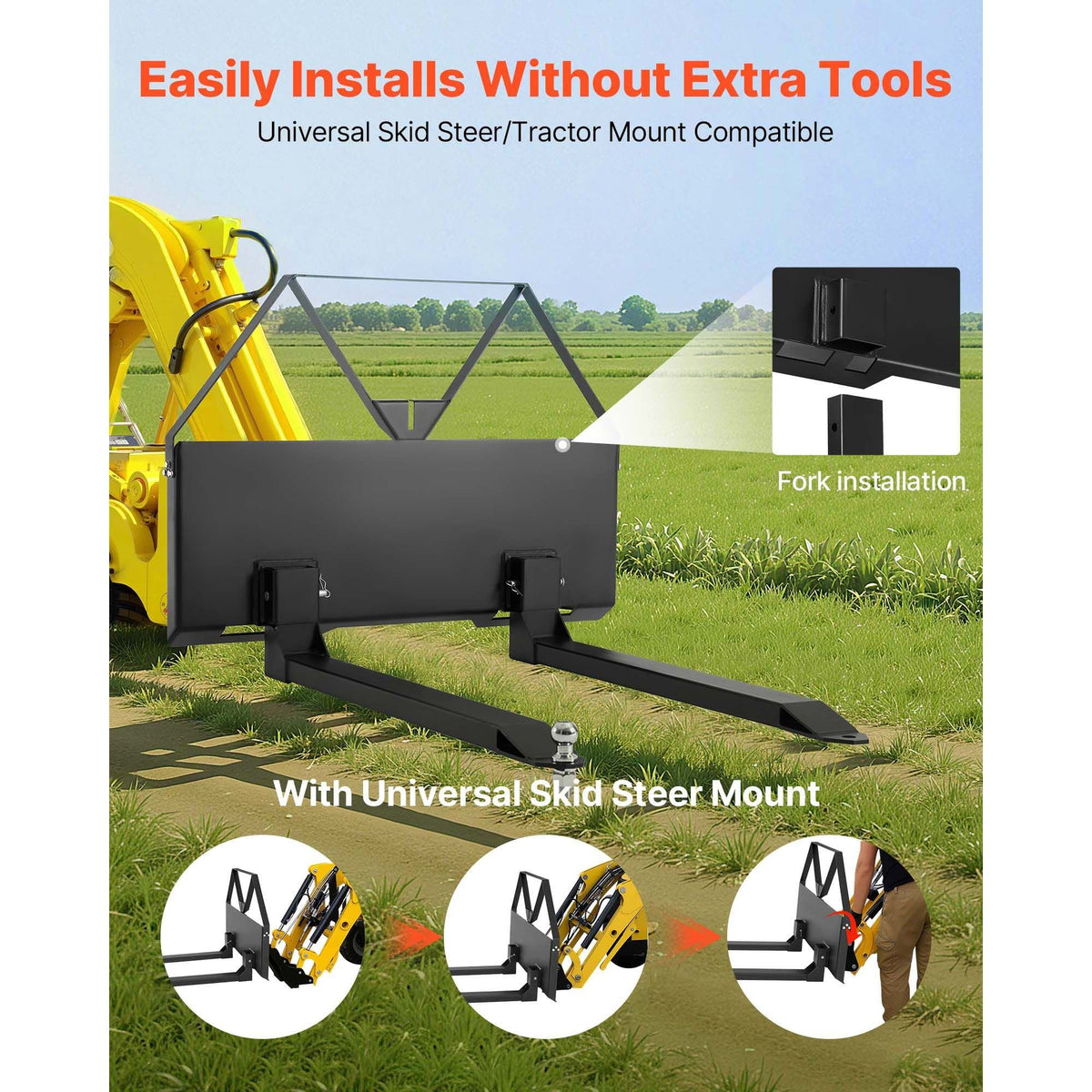 Skid Steer Pallet Forks, 2600 lbs Rated Capacity, Pallet Fork Frame Attachment with 48-inch Pallet Forks Blades, 1-7/8 inch Ball Hitch Receiver, Quick Tach Connection for Skid Steers, Tractors