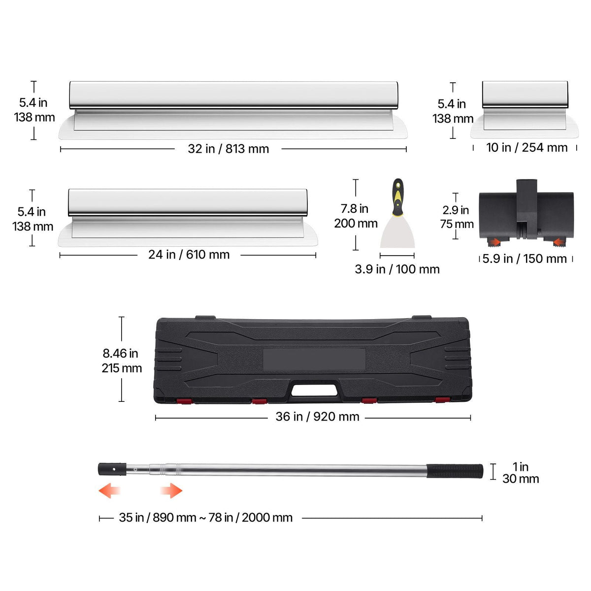 Skimming Blade Set,10\"+24\"+32\" Blades + 35\"-78\" Extension Handle, European Stainless Steel Construction Knife, Aluminum Blade Profile Smoothing Knockdown Spatula