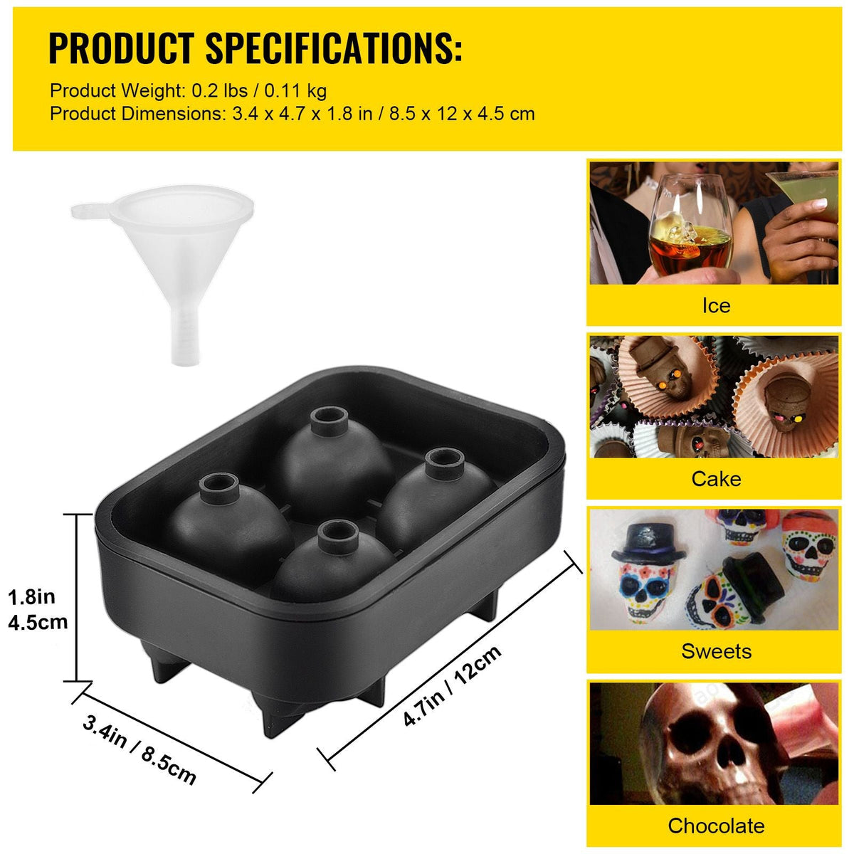Skull Ice Cube Tray, 4-Grid Skull Ice Ball Maker, Flexible Black Silicone Ice Tray with Lid & Funnel, Funny Skull Ice Cubes 1.6"x1.8" Each for Beverage, Chocolate, etc. on Parties & Holidays