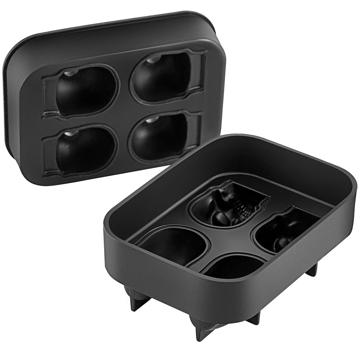 Skull Ice Cube Tray, 4-Grid Skull Ice Ball Maker, Flexible Black Silicone Ice Tray with Lid & Funnel, Funny Skull Ice Cubes 1.6"x1.8" Each for Beverage, Chocolate, etc. on Parties & Holidays