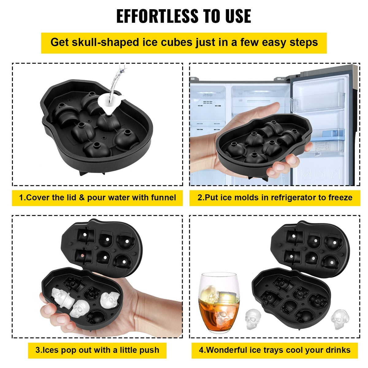 Skull Ice Cube Tray, 6-Grid Skull Ice Ball Maker, Flexible Black Silicone Ice Tray with Lid & Funnel, Skull Ice Cubes in 3 Distinct Patterns for Beverages & Chocolates on Parties & Holidays