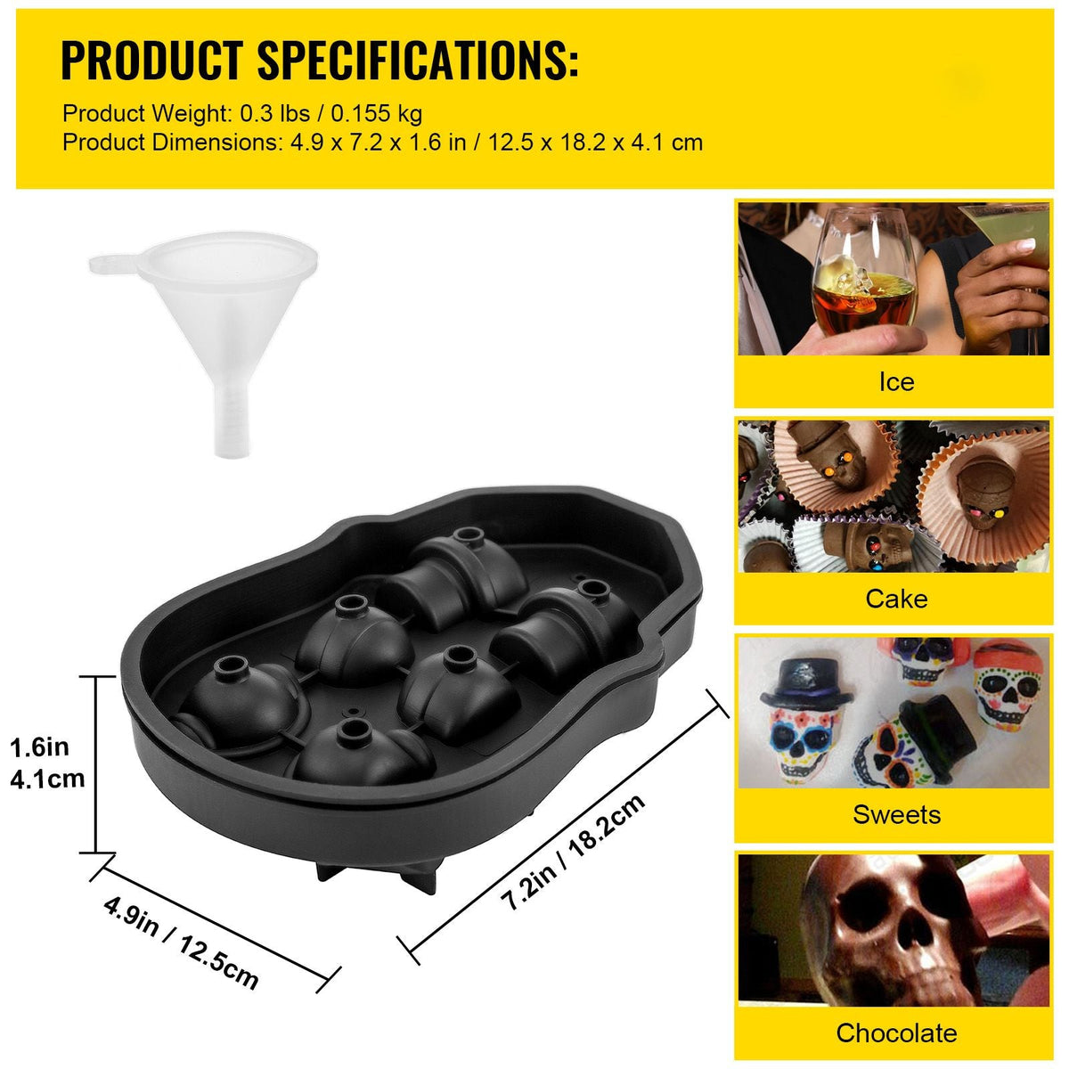 Skull Ice Cube Tray, 6-Grid Skull Ice Ball Maker, Flexible Black Silicone Ice Tray with Lid & Funnel, Skull Ice Cubes in 3 Distinct Patterns for Beverages & Chocolates on Parties & Holidays