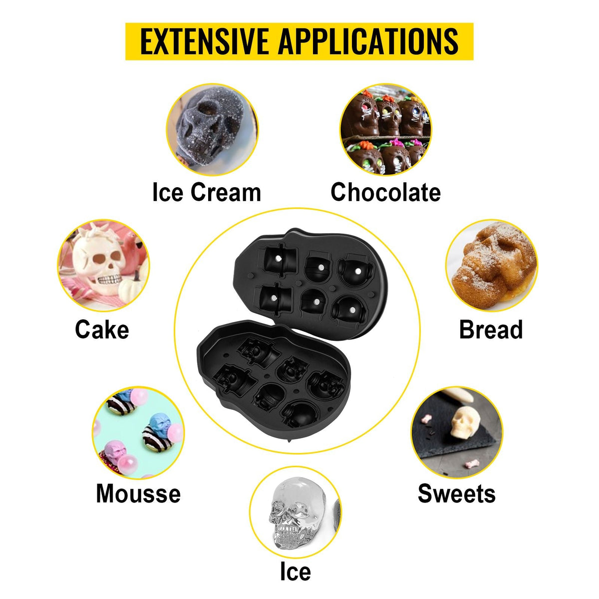 Skull Ice Cube Tray, 6-Grid Skull Ice Ball Maker, Flexible Black Silicone Ice Tray with Lid & Funnel, Skull Ice Cubes in 3 Distinct Patterns for Beverages & Chocolates on Parties & Holidays