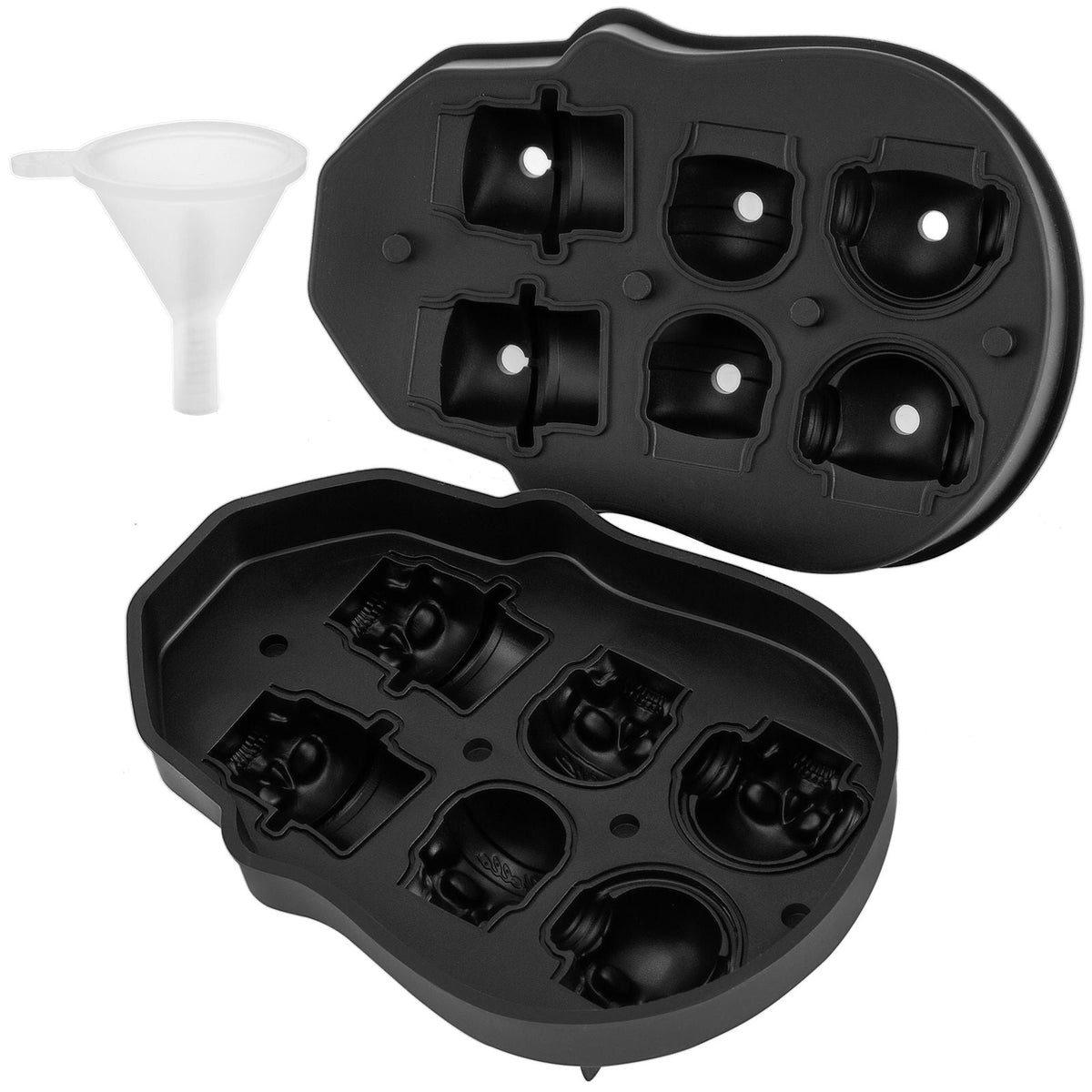Skull Ice Cube Tray, 6-Grid Skull Ice Ball Maker, Flexible Black Silicone Ice Tray with Lid & Funnel, Skull Ice Cubes in 3 Distinct Patterns for Beverages & Chocolates on Parties & Holidays