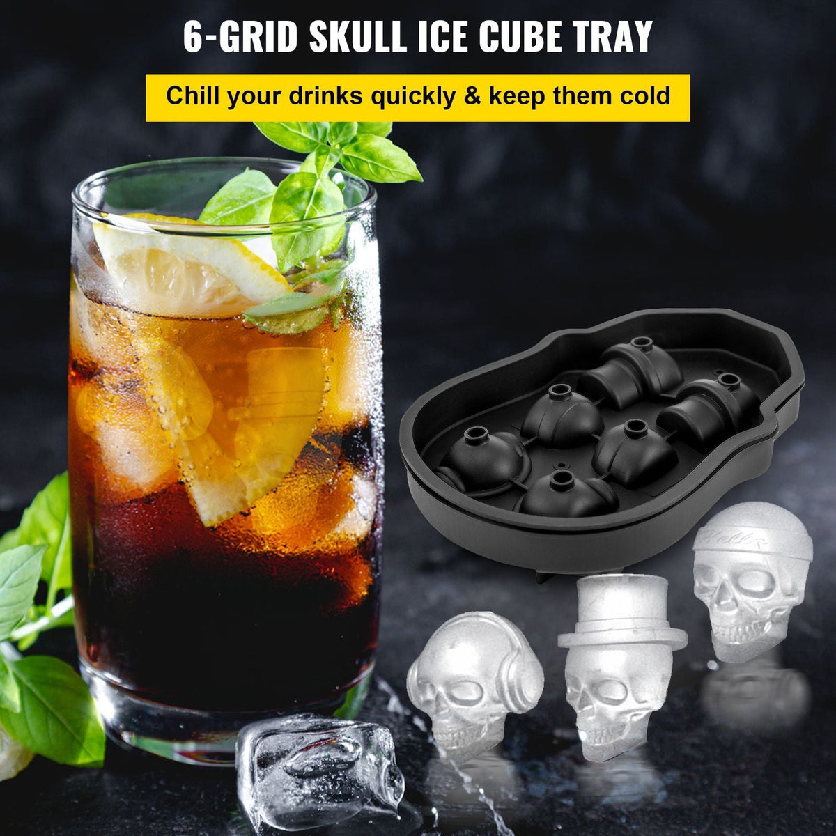 Skull Ice Cube Tray, 6-Grid Skull Ice Ball Maker, Flexible Black Silicone Ice Tray with Lid & Funnel, Skull Ice Cubes in 3 Distinct Patterns for Beverages & Chocolates on Parties & Holidays