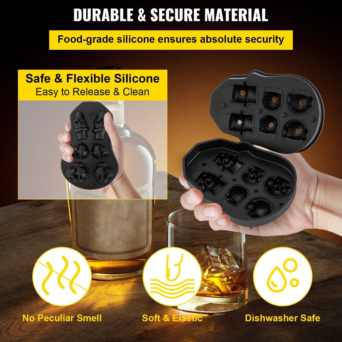 Skull Ice Cube Tray, 6-Grid Skull Ice Ball Maker, Flexible Black Silicone Ice Tray with Lid & Funnel, Skull Ice Cubes in 3 Distinct Patterns for Beverages & Chocolates on Parties & Holidays