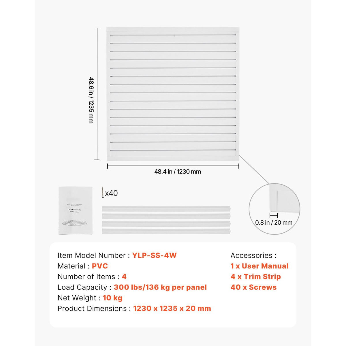 Slat Wall Paneling, 4 x 4 ft, PVC Garage Slatwall with Modular Design, White Slat Wall Easy-to-Install Adjustable Slatwall Panel with Coupling Structure & DIY Cutting, Fits for Storage & Display