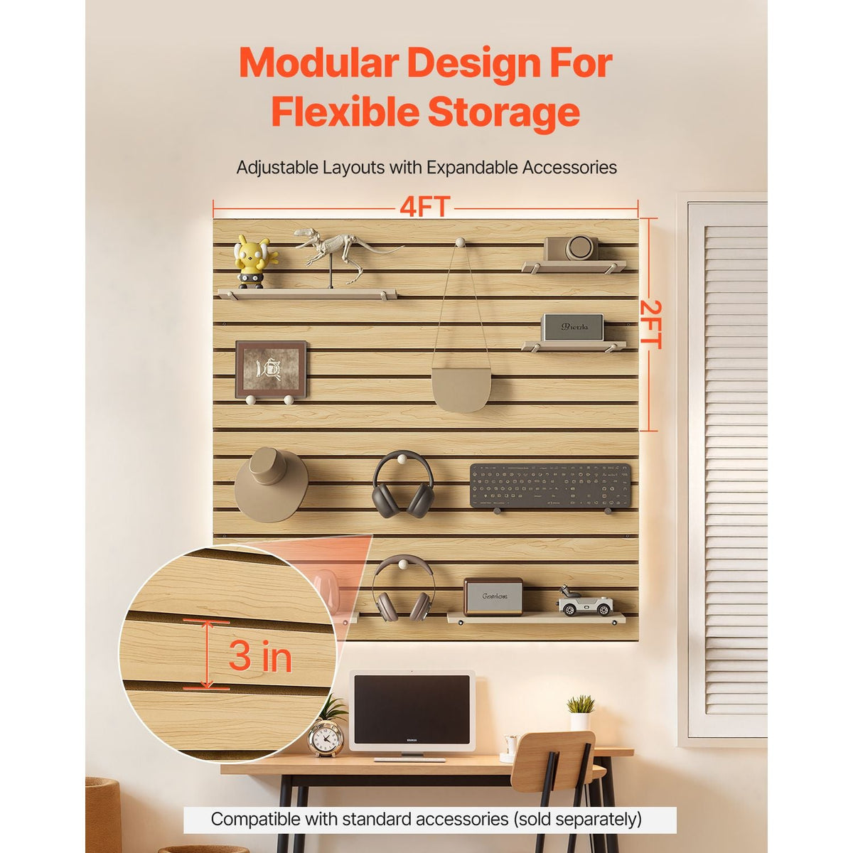 Slat Wall Paneling, 4 x 4ft, MDF Garage Slatwall with Modular Design, Natural Slat Wall Easy-to-Install Adjustable Slatwall Panel with Coupling Structure & DIY Cutting, Fit for Storage & Display