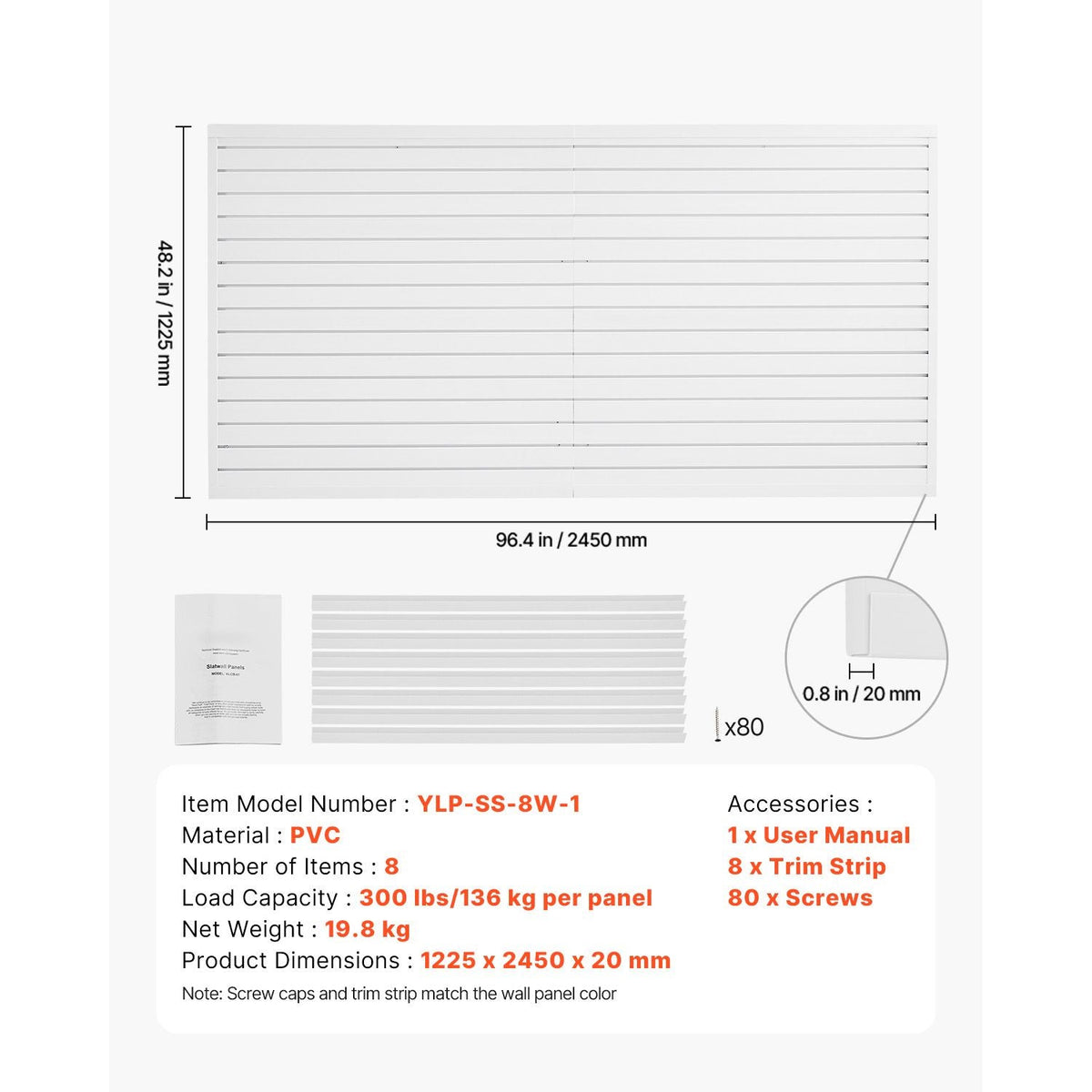 Slat Wall Paneling, 8 x 4 ft, PVC Garage Slatwall with Accessories, White Slat Wall Easy-to-Install Adjustable Slatwall Panel with Coupling Structure & DIY Cutting, Fits for Storage & Display