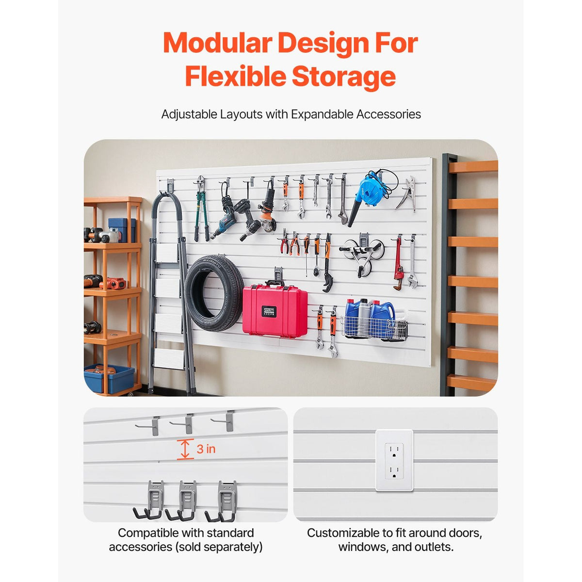 Slat Wall Paneling, 8 x 4 ft, PVC Garage Slatwall with Accessories, White Slat Wall Easy-to-Install Adjustable Slatwall Panel with Coupling Structure & DIY Cutting, Fits for Storage & Display