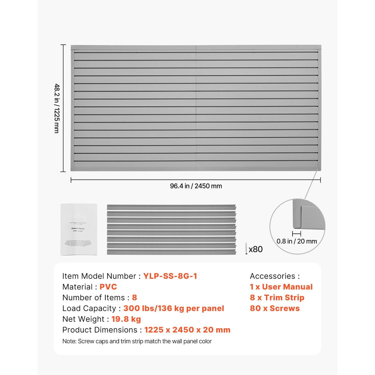 Slat Wall Paneling, 8 x 4 ft, PVC Garage Slatwall with Modular Design, Grey Slat Wall Easy-to-Install Adjustable Slatwall Panel with Coupling Structure & DIY Cutting, Fits for Storage & Display