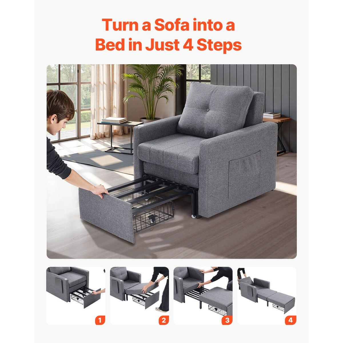 Sleeper Sofa Bed, Convertible Sleeper Bed with Side Pocket, Pillow, Armrest and Desk Board, 5 Adjustable Angles Backrest, Single Pull Out Sofa Couch with 2 Wheels and Bottom Storage, Gray