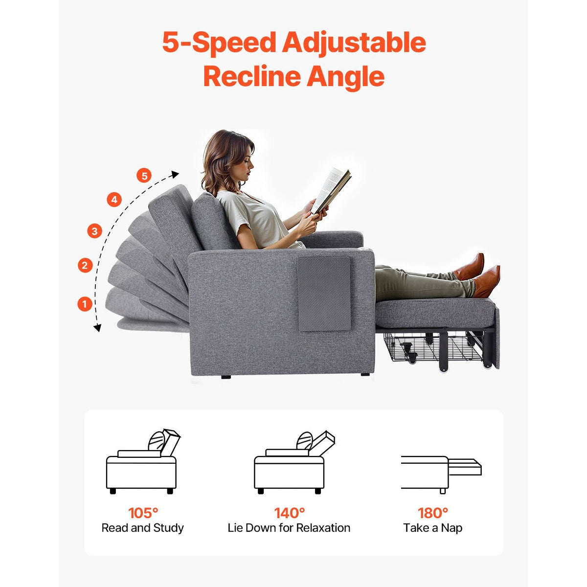 Sleeper Sofa Bed, Convertible Sleeper Bed with Side Pocket, Pillow, Armrest and Desk Board, 5 Adjustable Angles Backrest, Single Pull Out Sofa Couch with 2 Wheels and Bottom Storage, Gray