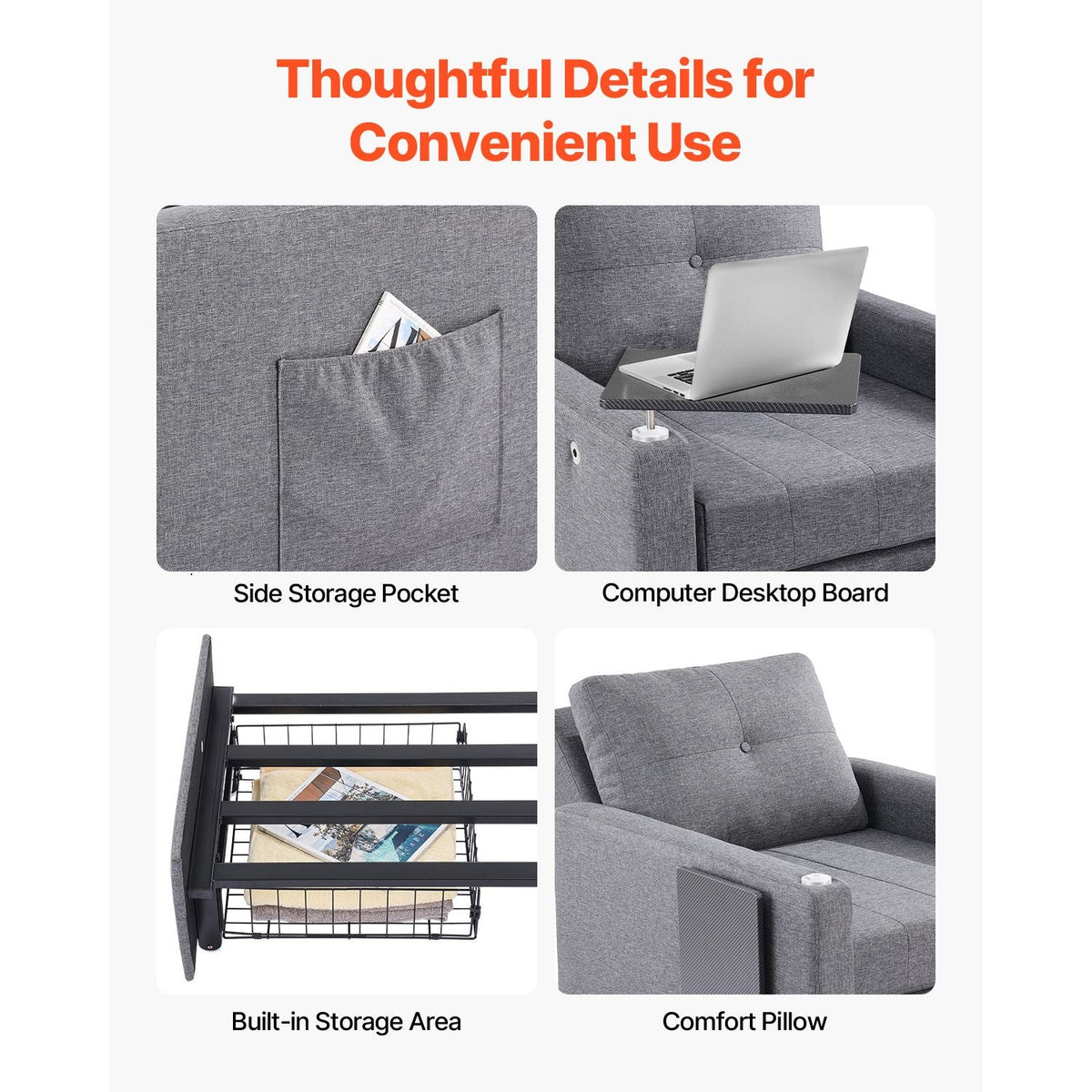 Sleeper Sofa Bed, Convertible Sleeper Bed with Side Pocket, Pillow, Armrest and Desk Board, 5 Adjustable Angles Backrest, Single Pull Out Sofa Couch with 2 Wheels and Bottom Storage, Gray