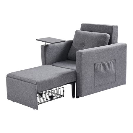 Sleeper Sofa Bed, Convertible Sleeper Bed with Side Pocket, Pillow, Armrest and Desk Board, 5 Adjustable Angles Backrest, Single Pull Out Sofa Couch with 2 Wheels and Bottom Storage, Gray
