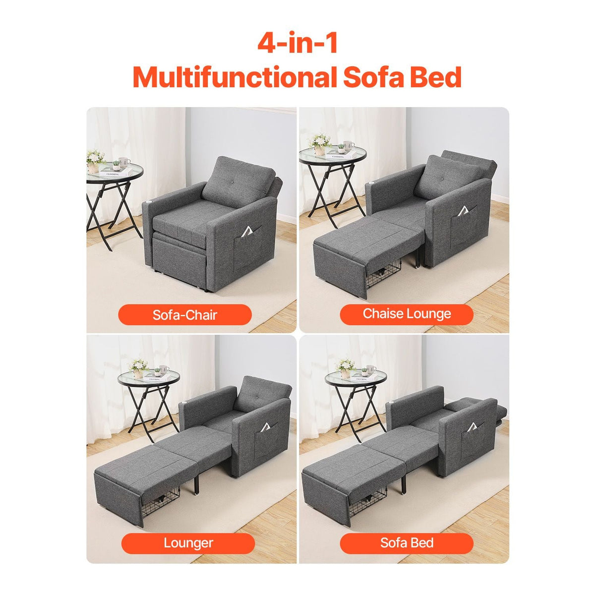 Sleeper Sofa Bed, Convertible Sleeper Bed with Side Pocket, Pillow, Armrest and Desk Board, 5 Adjustable Angles Backrest, Single Pull Out Sofa Couch with 2 Wheels and Bottom Storage, Gray