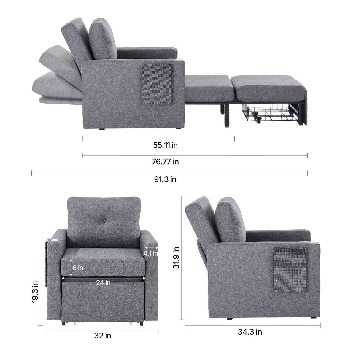 Sleeper Sofa Bed, Convertible Sleeper Bed with Side Pocket, Pillow, Armrest and Desk Board, 5 Adjustable Angles Backrest, Single Pull Out Sofa Couch with 2 Wheels and Bottom Storage, Gray