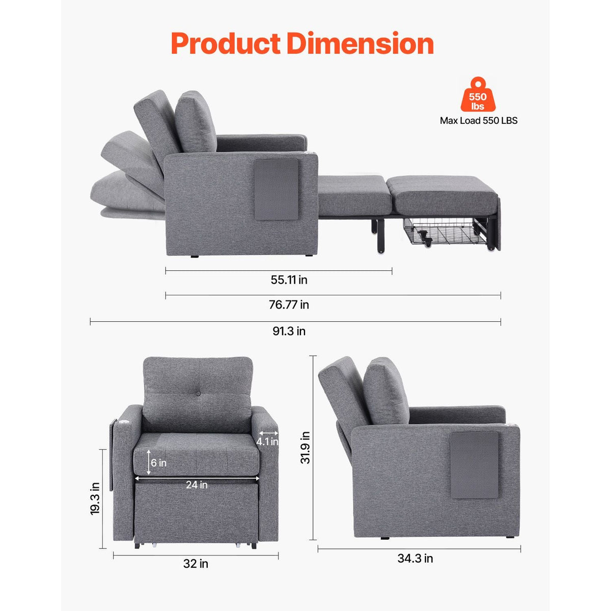 Sleeper Sofa Bed, Convertible Sleeper Bed with Side Pocket, Pillow, Armrest and Desk Board, 5 Adjustable Angles Backrest, Single Pull Out Sofa Couch with 2 Wheels and Bottom Storage, Gray