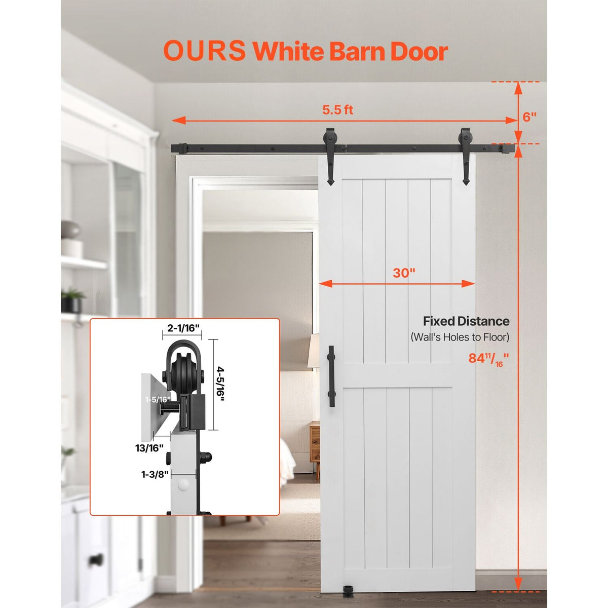 Sliding Barn Door, 30 x 84 inch, High-Strength MDF Panel, Barn Door with Hardware Kit, Water-Proof PVC Surface, Easy to Install, H-Frame, Smoothly and Quietly Sliding for Living Room, Bathroom