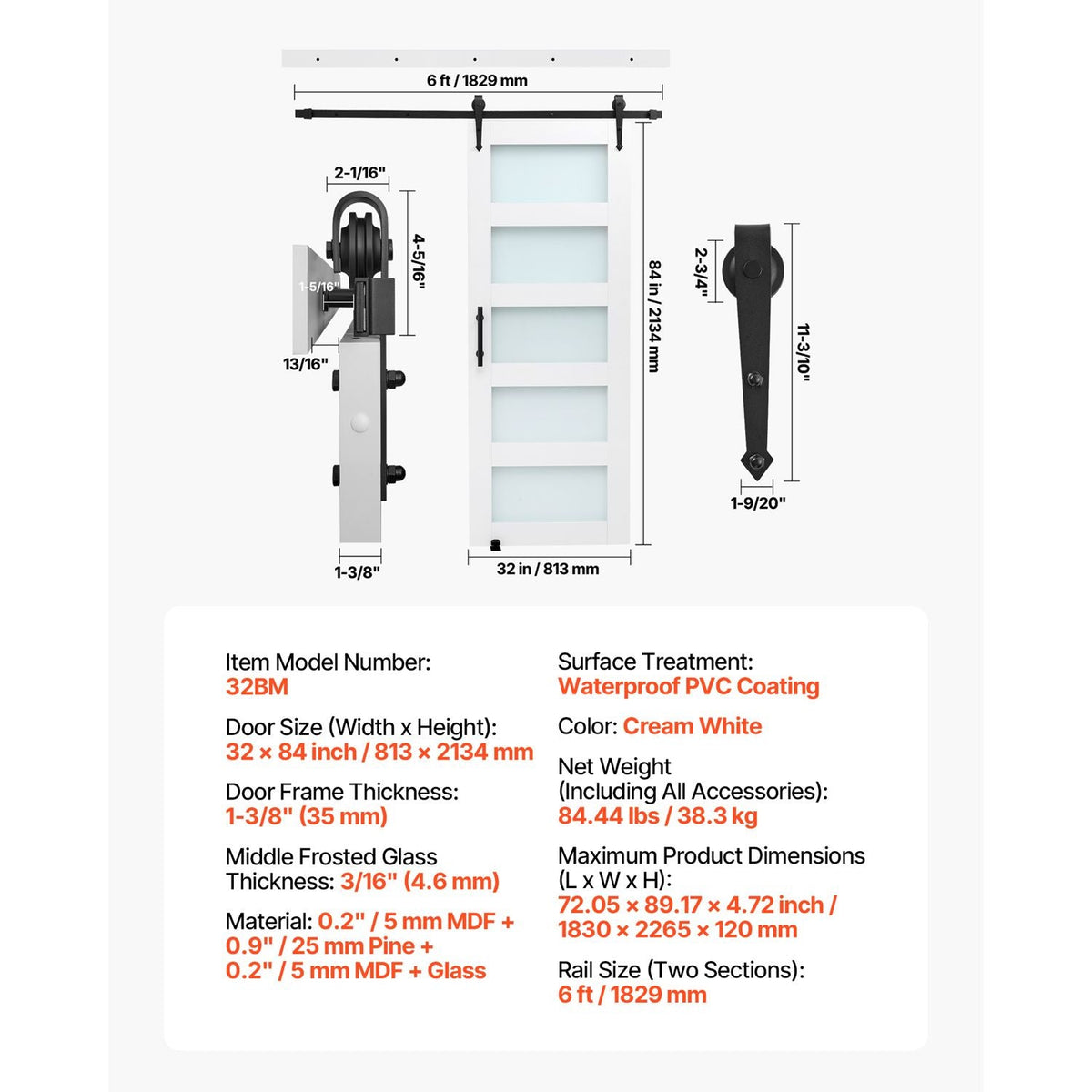 Sliding Barn Door, 32 x 84 inch, High-Strength MDF Panel and Glass, Barn Door with Hardware Kit, Water-Proof PVC Surface, Easy to Install, H-Frame, Smoothly and Quietly Sliding for Living Room