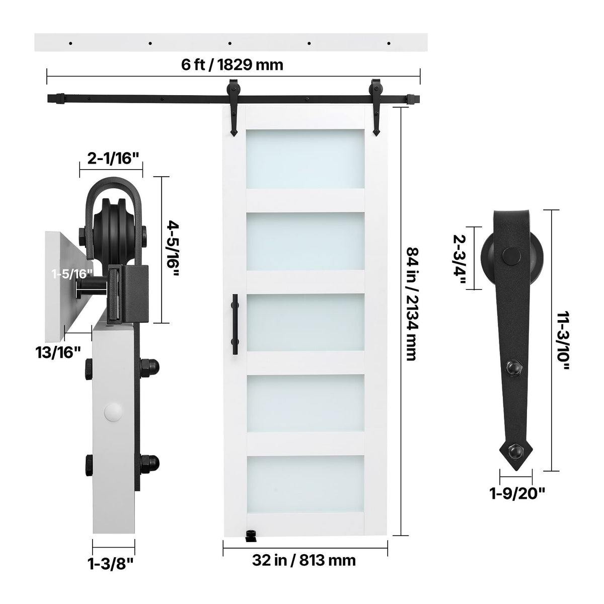 Sliding Barn Door, 32 x 84 inch, High-Strength MDF Panel and Glass, Barn Door with Hardware Kit, Water-Proof PVC Surface, Easy to Install, H-Frame, Smoothly and Quietly Sliding for Living Room