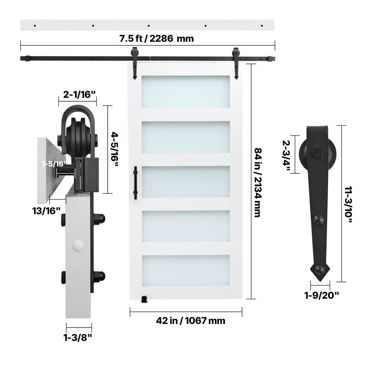 Sliding Barn Door, 42 x 84 inch, High-Strength MDF Panel and Glass, Barn Door with Hardware Kit, Water-Proof PVC Surface, Easy to Install, H-Frame, Smoothly and Quietly Sliding for Living Room