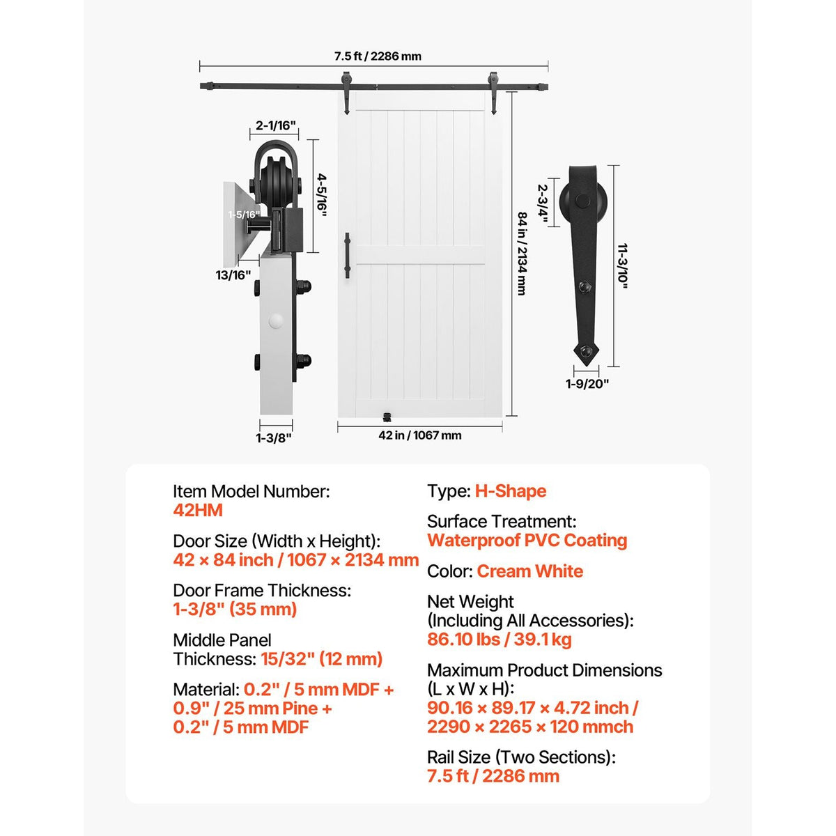 Sliding Barn Door, 42 x 84 inch, High-Strength MDF Panel, Barn Door with Hardware Kit, Water-Proof PVC Surface, Easy to Install, H-Frame, Smoothly and Quietly Sliding for Living Room, Bathroom