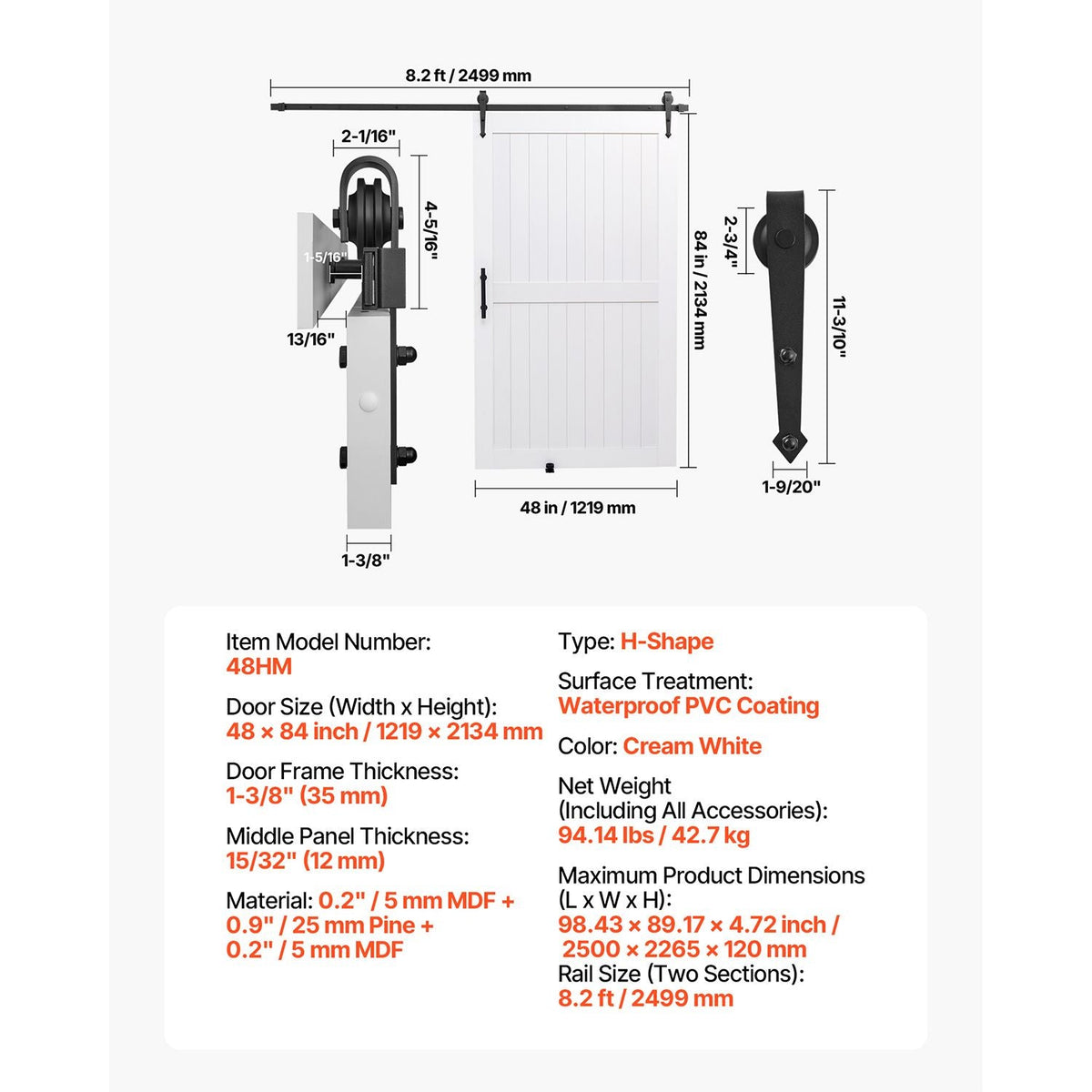 Sliding Barn Door, 48 x 84 inch, High-Strength MDF Panel, Barn Door with Hardware Kit, Water-Proof PVC Surface, Easy to Install, H-Frame, Smoothly and Quietly Sliding for Living Room, Bathroom